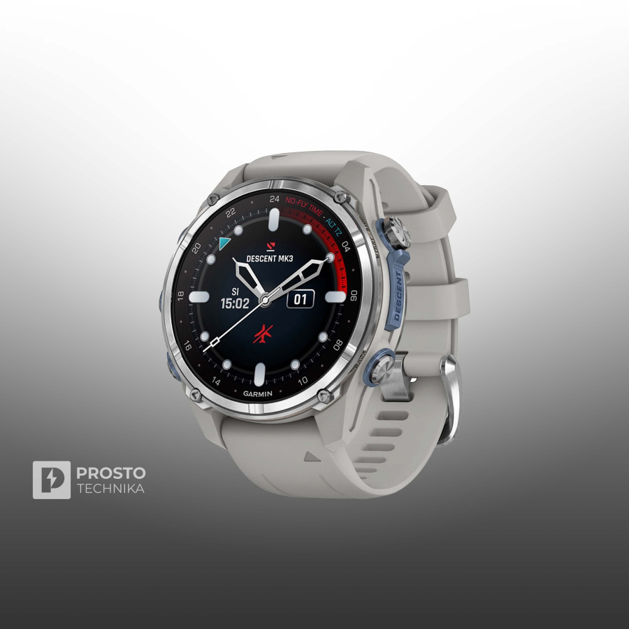 Умные часы Garmin Descent Mk3 (43 мм) из нержавеющей стали с силиконовым туманно-серым ремешком 010-02753-04